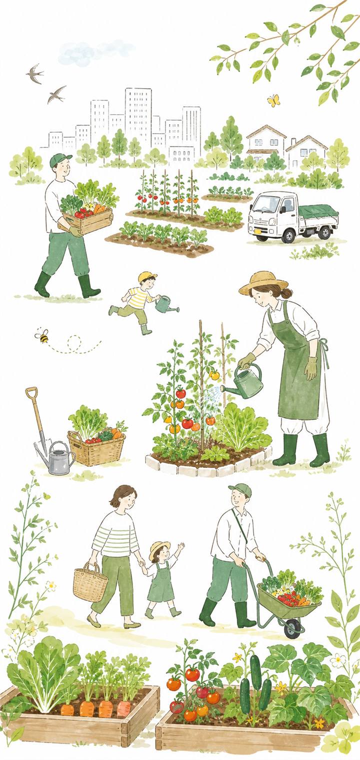 街の近くで野菜を育てる人たちのイラスト